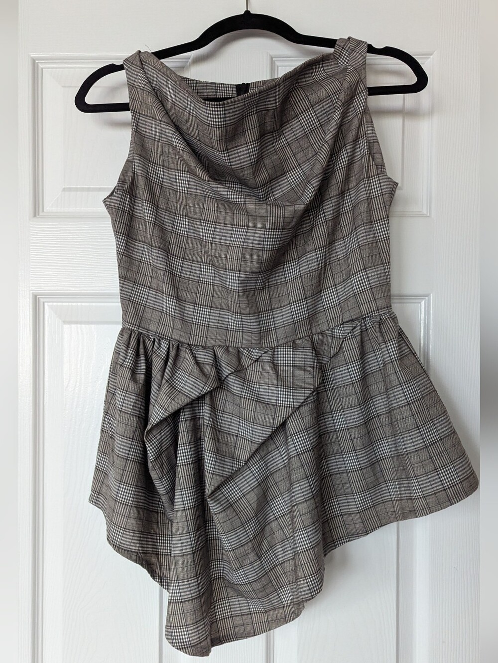 Plaid Asymmetrical Peplum Top - Neutral Plaid